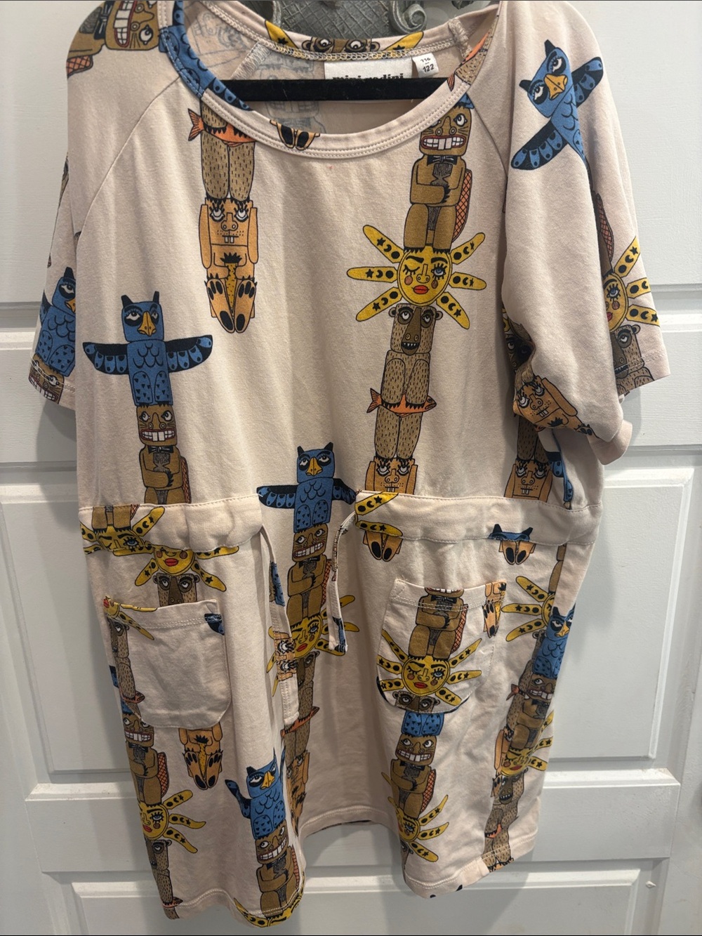 Mini Rodini Beige Dress with Blue and Yellow Totem Print